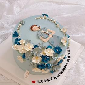 蓝色素雅旗袍手绘蛋糕-低糖处理无添加