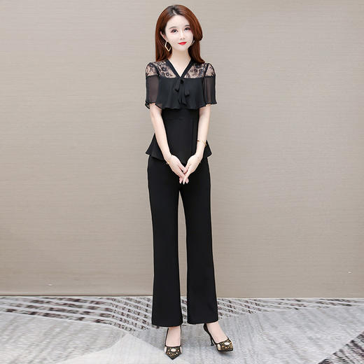WEYJY22QD050  时尚法式高档两件套装女2022夏新款修身短袖气质优雅蕾丝衫长裤子 商品图3