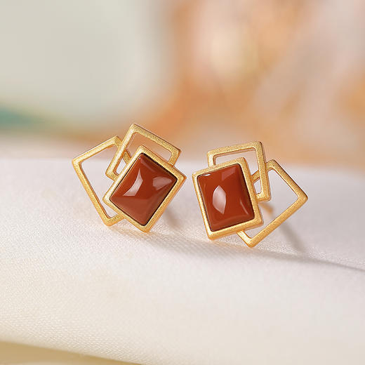 S925纯银镀金南红玛瑙耳钉，个性轻奢气质几何女士耳饰CW-151 商品图0