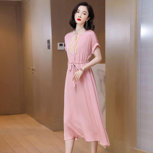 ASE- 9111气质木耳边娃娃衬衫领长款真丝连衣裙 商品图3