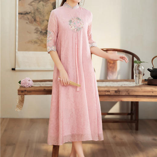 YFN-6963春夏女装新款中国风复古天丝刺绣宽松禅意茶服中长款连衣裙 商品图2