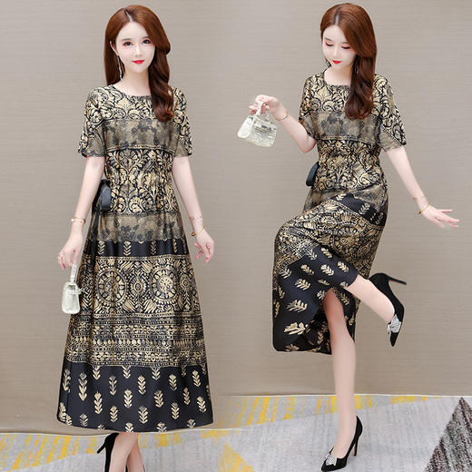 YWE-XCH255夏季新款修身气质中长款贵夫人短袖印花连衣裙女 商品图2