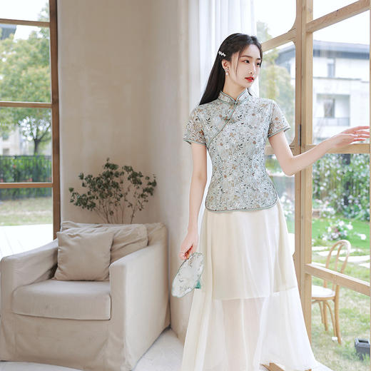 复古清新，改良小上衣假两件套纱网印花裙子旗袍裙XL-769 商品图4