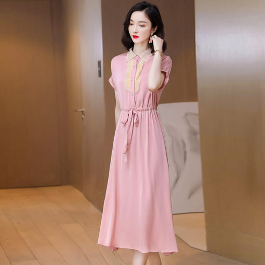 ASE- 9111气质木耳边娃娃衬衫领长款真丝连衣裙 商品图1