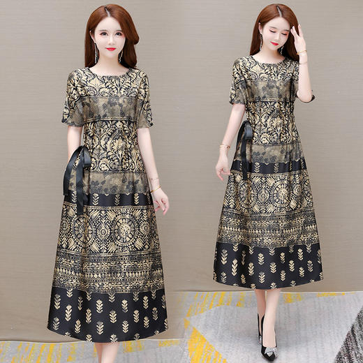 YWE-XCH255夏季新款修身气质中长款贵夫人短袖印花连衣裙女 商品图3