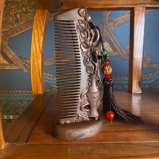 周广胜原创手工精雕黑金檀木梳子-花影 商品图2