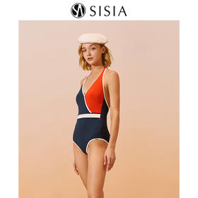sisia2022新款游泳衣女夏季复古英伦风性感撞色显瘦遮肚连体泳衣