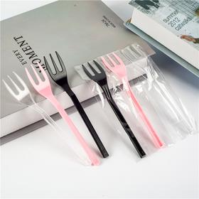 100入 一次性独立装三齿水果叉 蛋糕甜品烘焙外卖单个独立包装叉