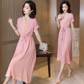 ASE- 9111气质木耳边娃娃衬衫领长款真丝连衣裙