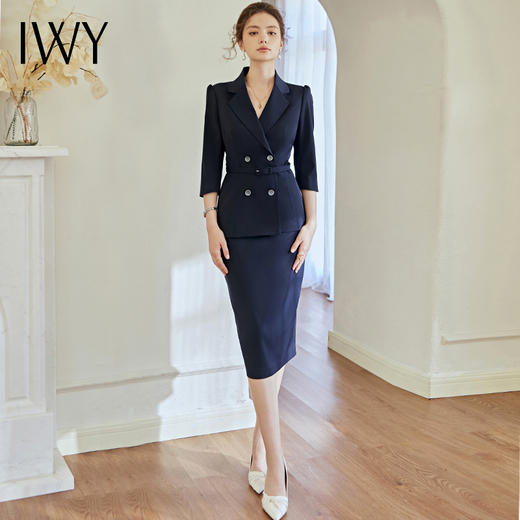 IWY/时尚商务职业套装女藏青色七分袖收腰西装裙干练气质工作服22CS93 商品图3