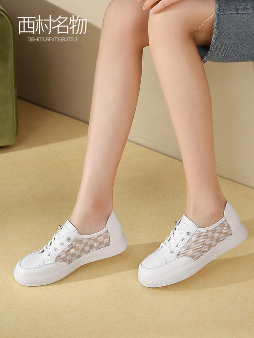 西村名物运动休闲鞋2022夏季新款真皮百搭平底鞋透气免系带小白鞋11021 商品图3