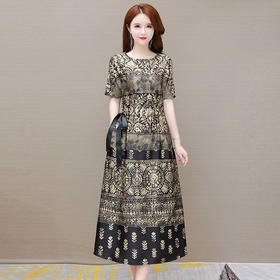 YWE-XCH255夏季新款修身气质中长款贵夫人短袖印花连衣裙女