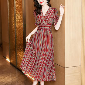 花色百搭，V字领高腰长款桑蚕丝连衣裙SM-82298993