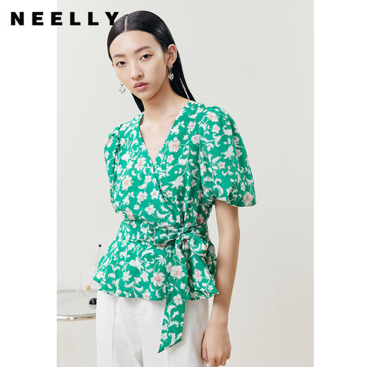 NEELLY纳俪商场同款韩系碎花V领衬衫女收腰系带泡泡袖上衣夏季 商品图2