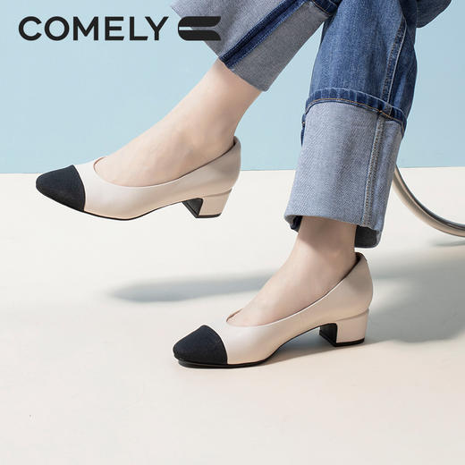 康莉KYQ21503拼接羊皮小香风粗跟单鞋女法式优雅浅口鞋子 商品图4