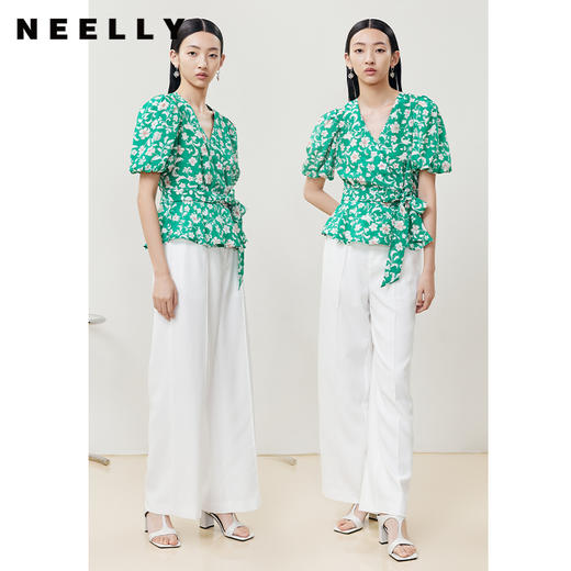 NEELLY纳俪商场同款韩系碎花V领衬衫女收腰系带泡泡袖上衣夏季 商品图1