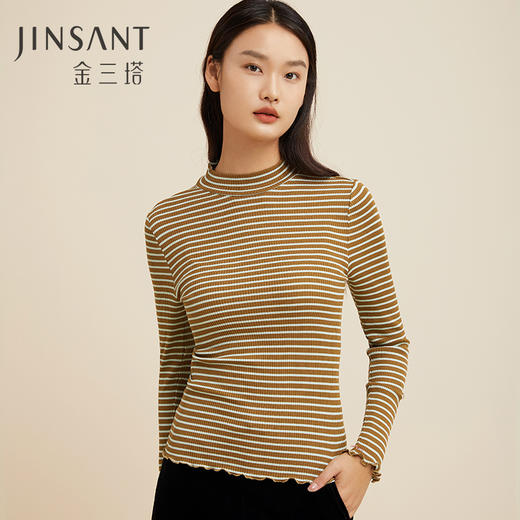 金三塔桑蚕丝经典条纹女士高领简约时尚打底衫上衣   NZFCC723 商品图0