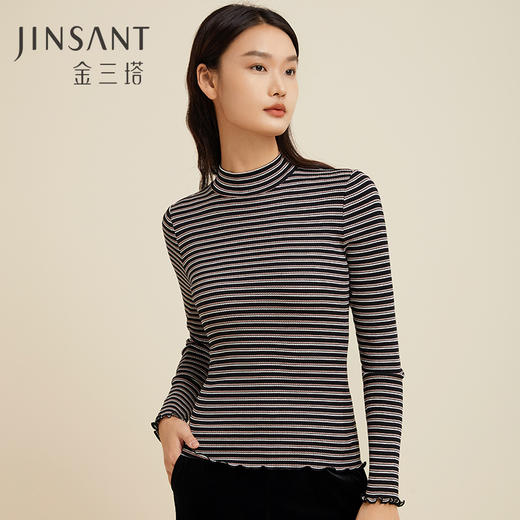 金三塔桑蚕丝经典条纹女士高领简约时尚打底衫上衣   NZFCC723 商品图1