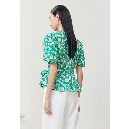 NEELLY纳俪商场同款韩系碎花V领衬衫女收腰系带泡泡袖上衣夏季 商品图4