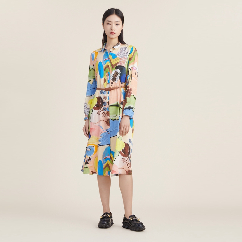 【天丝系列】谜底衬衫连衣裙2022秋新品巧克力印花长袖223ML1179