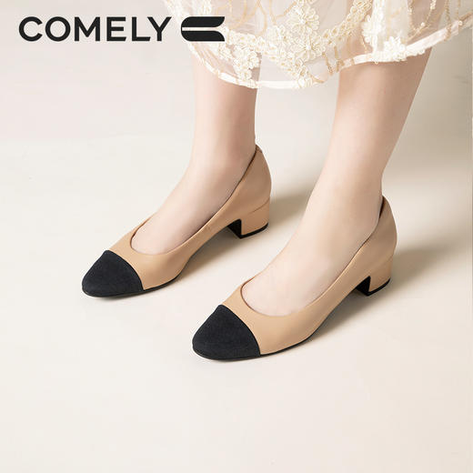 康莉KYQ21503拼接羊皮小香风粗跟单鞋女法式优雅浅口鞋子 商品图6