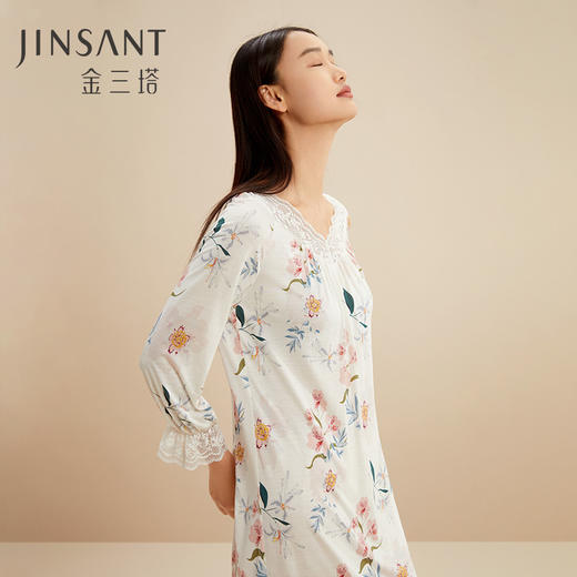 金三塔100%桑蚕丝真丝针织舒适女拼蕾丝繁华之名印花睡裙睡衣  YZFCC303 商品图1