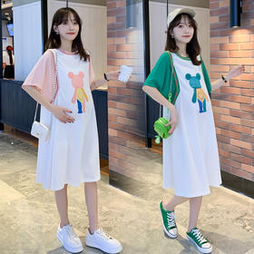 【清新可爱休闲假两件连衣裙】孕妇装2022孕妇中长款T恤假两件