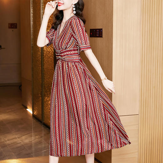 花色百搭，V字领高腰长款桑蚕丝连衣裙SM-82298993 商品图3