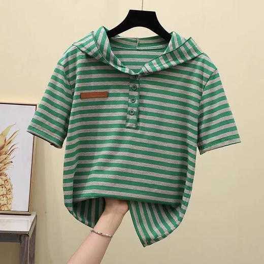 XSF2253新款时尚气质休闲连帽短袖条纹T恤衫 商品图1