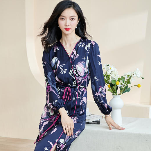 剩S/M 米思阳2024秋季新款知性优雅大花连衣裙垂感大摆收腰中长裙子2231 商品图1