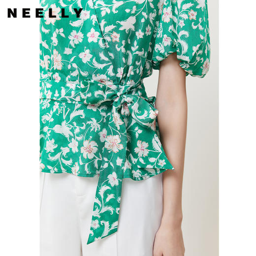 NEELLY纳俪商场同款韩系碎花V领衬衫女收腰系带泡泡袖上衣夏季 商品图3
