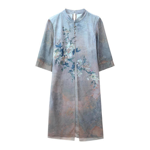 YJR-AA812新款优雅气质宽松立领五分袖拼接假两件印花雪纺连衣裙 商品图7