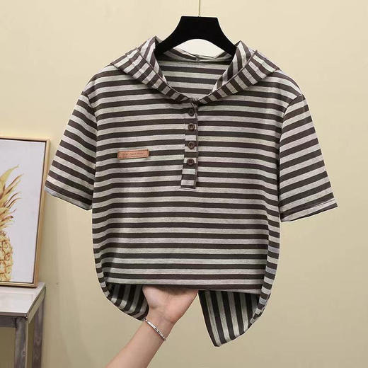 XSF2253新款时尚气质休闲连帽短袖条纹T恤衫 商品图0