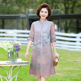 YJR-AA812新款优雅气质宽松立领五分袖拼接假两件印花雪纺连衣裙