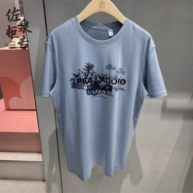 Fila今夏新款蓝色短袖男女情侣丝柔棉T恤