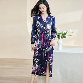 剩S/M 米思阳2024秋季新款知性优雅大花连衣裙垂感大摆收腰中长裙子2231