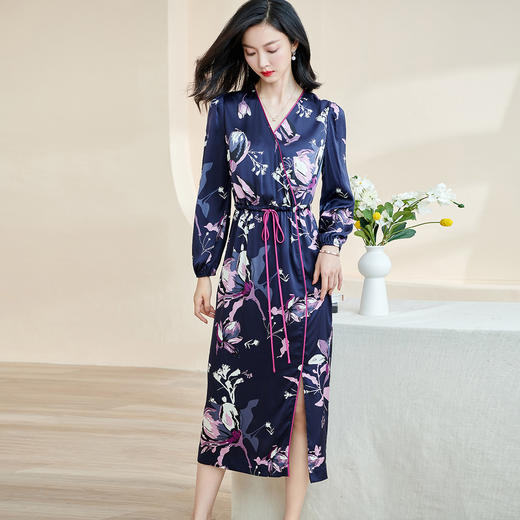 剩S/M 米思阳2024秋季新款知性优雅大花连衣裙垂感大摆收腰中长裙子2231 商品图0