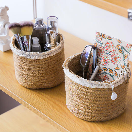 黄麻编织收纳筐布艺桌面收纳盒多功能杂物化妆品首饰小物件整理盒 商品图3
