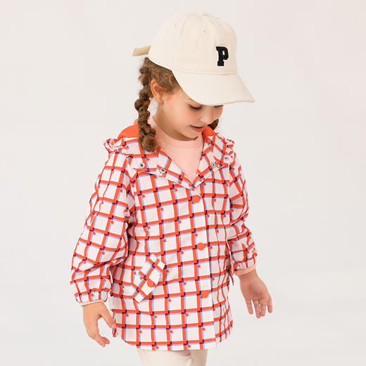 商场同款棉果果秋季新款男女童全棉里子经典格子连帽印花风衣外套M322100322465 商品图1