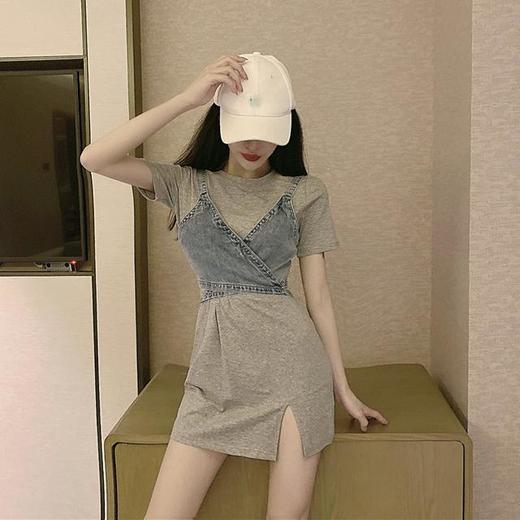 洋气显高炸街套装时尚绑带牛仔小吊带配开叉短袖连衣裙两件套女七夕情人节 商品图7