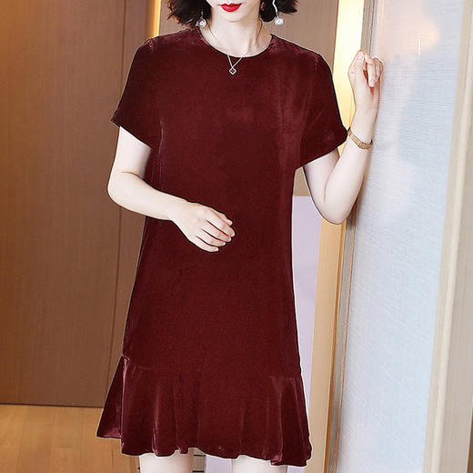 丁摩 圆领进口金丝绒连衣裙女荷叶边下摆简约优雅气质A字裙子Q122050 商品图4