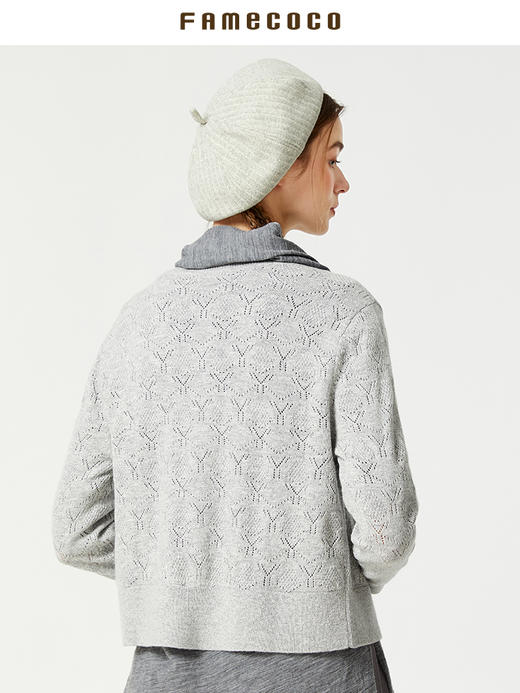 Famecoco范可儿镂空长袖针织开衫女早秋V领羊毛披肩外套F225DA002 商品图3