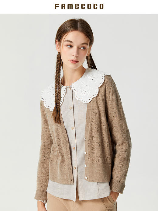 Famecoco范可儿镂空长袖针织开衫女早秋V领羊毛披肩外套F225DA002 商品图1
