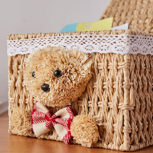 家用手工编织收纳筐零食化妆品带盖卡通小熊收纳篮田园可爱储物箱 商品图4