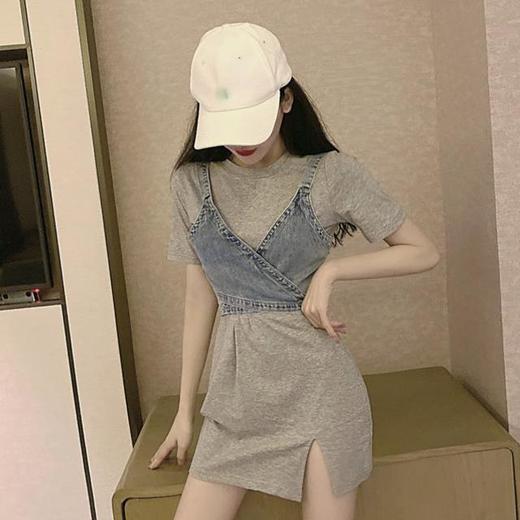洋气显高炸街套装时尚绑带牛仔小吊带配开叉短袖连衣裙两件套女七夕情人节 商品图4