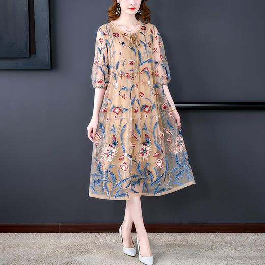 高端重工刺绣连衣裙女夏装新款大码宽松显瘦遮肚子妈妈长裙子 XYX8963 商品图2