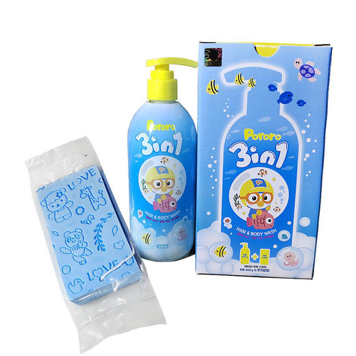 【限时特惠】韩国进口啵乐乐pororo儿童洗护三合一洗发水护发素沐浴露3岁以上400ml 赠搓澡海绵（颜色随机） 商品图2