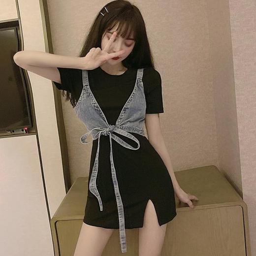 洋气显高炸街套装时尚绑带牛仔小吊带配开叉短袖连衣裙两件套女七夕情人节 商品图1