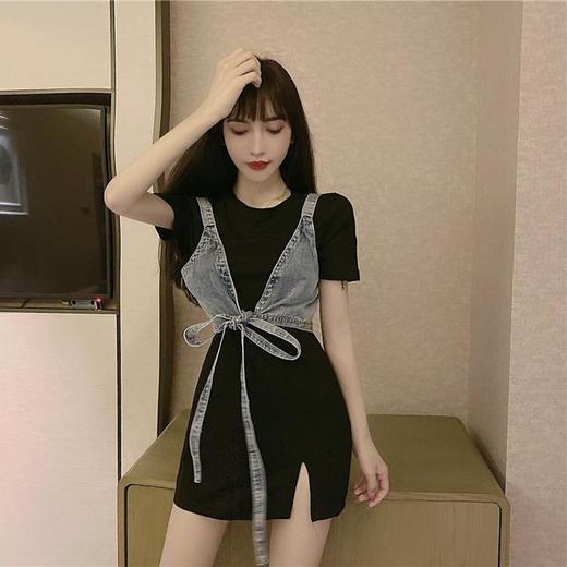 洋气显高炸街套装时尚绑带牛仔小吊带配开叉短袖连衣裙两件套女七夕情人节 商品图5