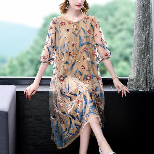 高端重工刺绣连衣裙女夏装新款大码宽松显瘦遮肚子妈妈长裙子 XYX8963 商品图3